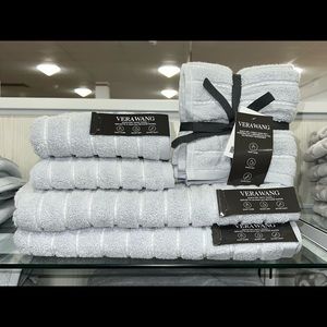 Vera Wang Geo Stitch Serene Blue Gray Towel Set Striped Bath, Hand, Washcloths